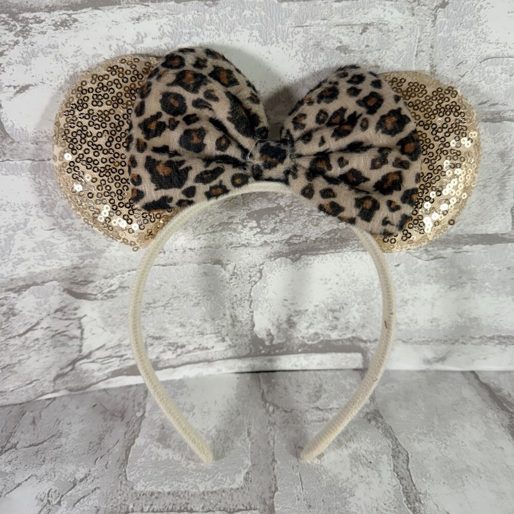 Mini Mouse Sequence Gold Ears Leopard Print Bow
